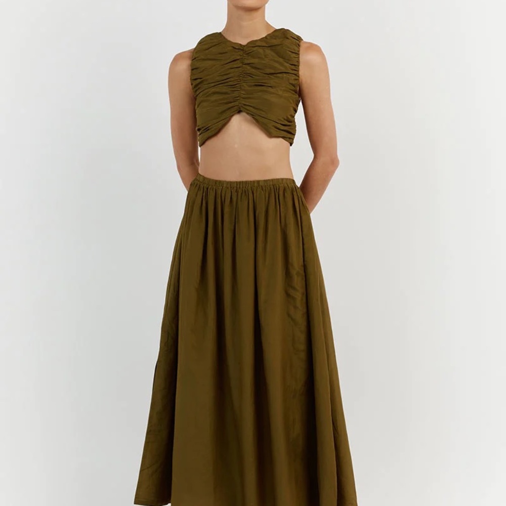 DISSH Olive Green Ruched Crop Top with Maxi Skirt Set